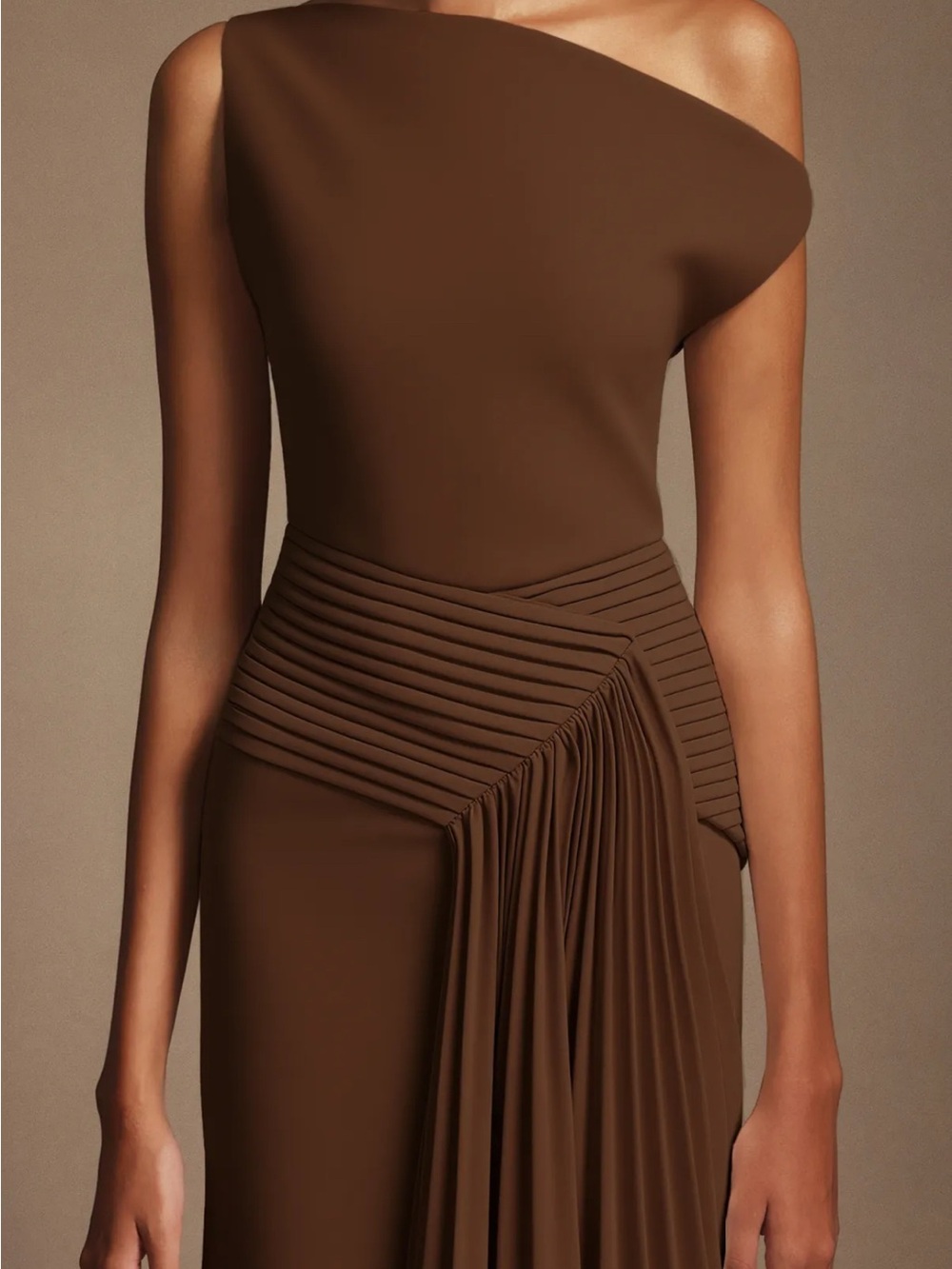 Bella Barnett Elegant One-Shoulder Brown Draped Evening Dress
